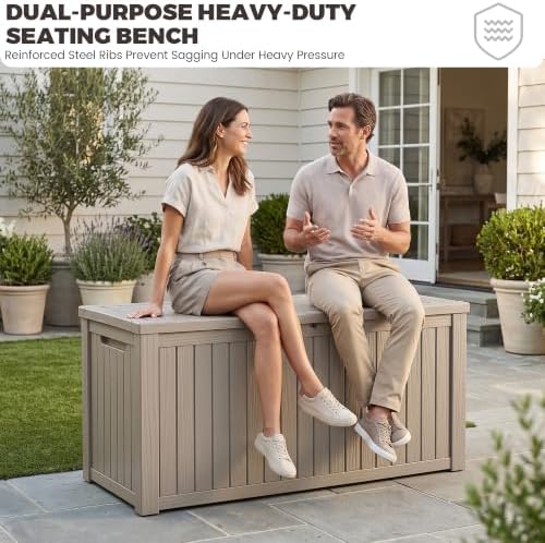 outdoor storage box, 200 gallon waterproof deck box on a desk or shelf