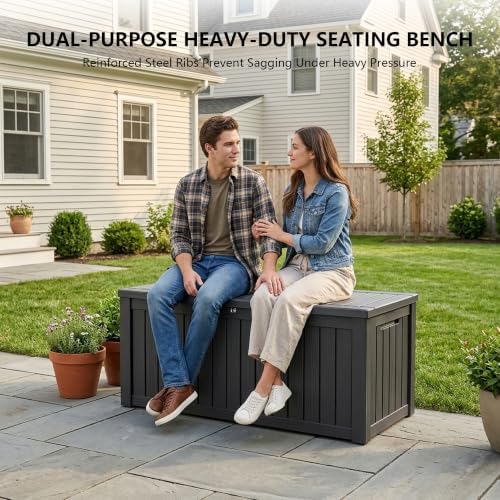 outdoor storage box, 150 gallon waterproof deck box, package contents