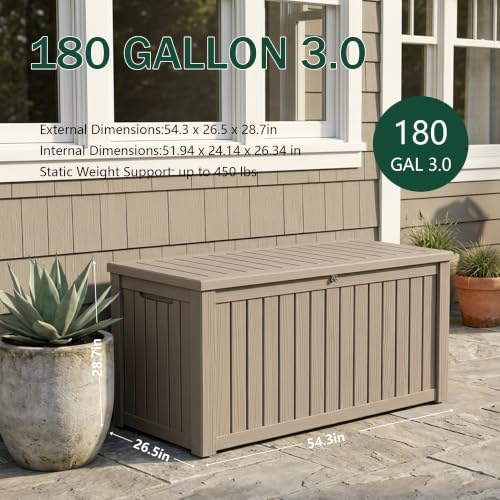 outdoor storage box,180 gallon waterproof deck box [upgraded shown in use