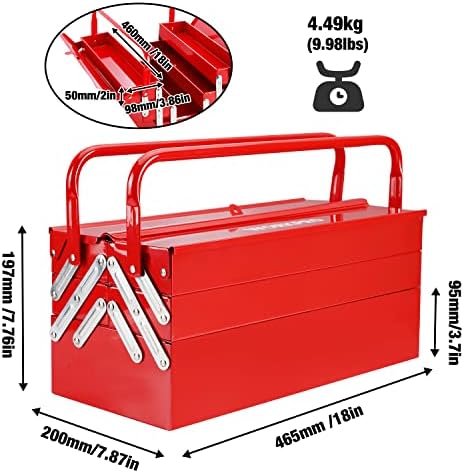 workpro metal tool box, 18-inch cantilever folding red, close-up detail