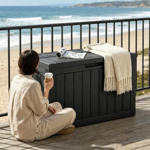 easyup 60 gal outdoor storage box waterproof lockable on a desk or shelf