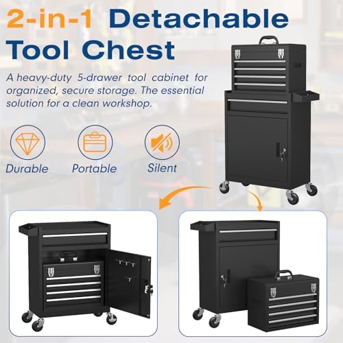 5-drawers tool chest, 2-in-1 rolling tool box with, side view