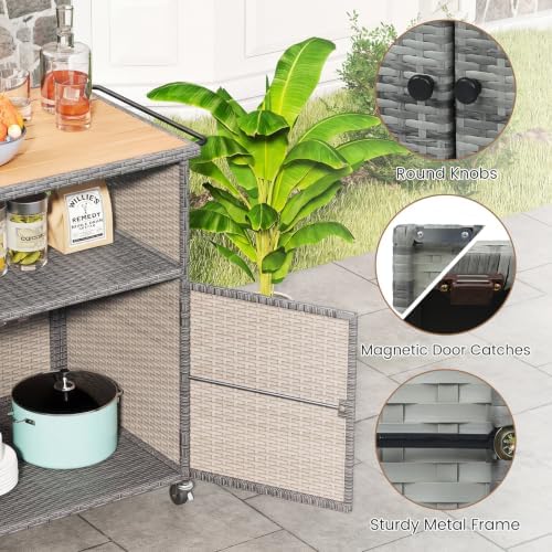 tangkula rattan outdoor storage cabinet with 4 wheels, front angle view