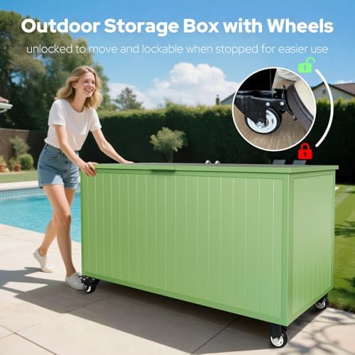 150 gallon outdoor storage box with wheels, metal shown in use