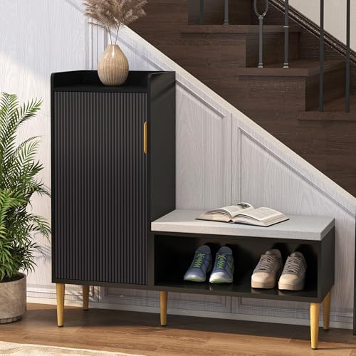 storage bench with fluted door&shelf, l-shaped entryway bench, close-up detail