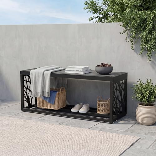 37" outdoor storage bench, hdpe seat, steel frame shown in use