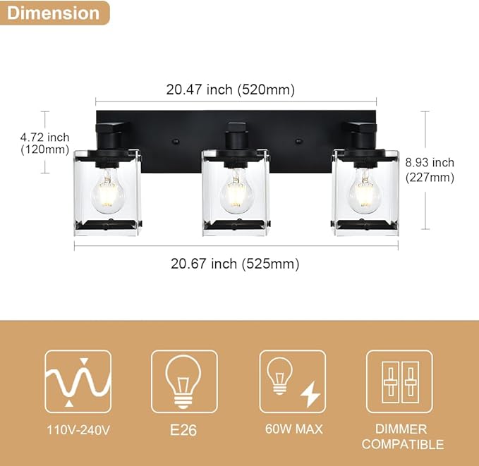 WINSHEN 3-Light Black Bathroom Light Fixture Over Mirror, Vanity Wall Lighting - Image 5