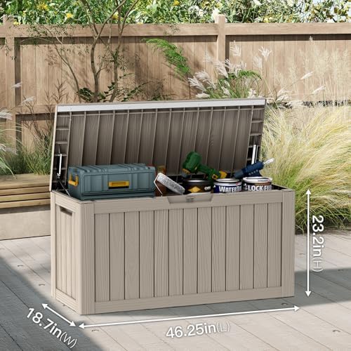 mars villa 80 gallon deck box, outdoor storage shown in use