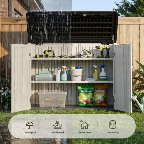 31 cu.ft resin outdoor storage cabinet with 2, front angle view