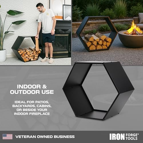 iron forge tools firewood rack, 30 inch hexagon showing dimensions