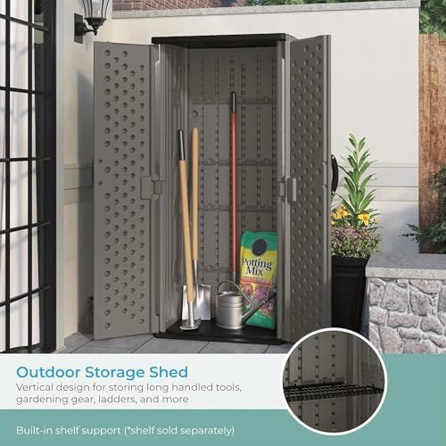 suncast 22 cu ft, vertical storage shed, pad-lockable, package contents