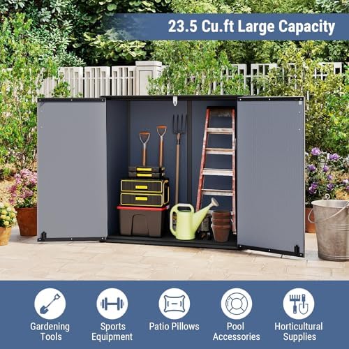 tangkula 23.5 cu.ft outdoor storage shed with lockable showing dimensions