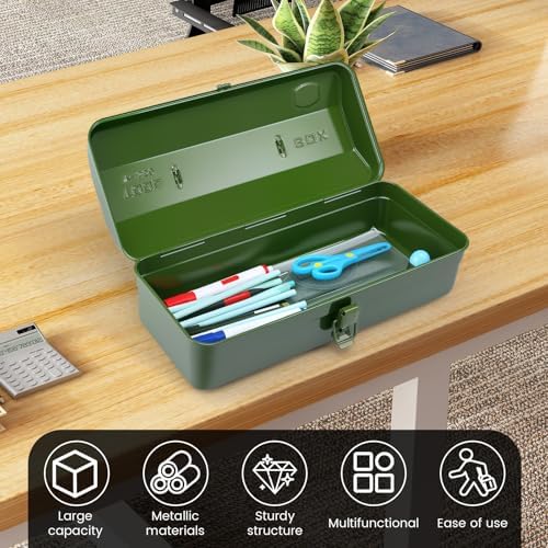 15 inch metal tool box with lock, close-up detail