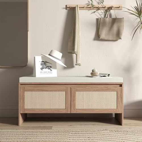 softsea 39.4" shoe storage bench with rattan doors, close-up detail