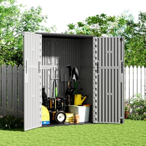 kinying outdoor storage shed,57cu.ft resin vertical outdoor storage shown in use