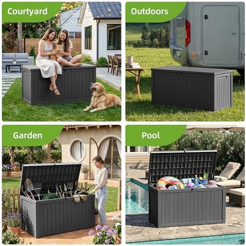 200 gallon outdoor storage deck box waterproof resin on a desk or shelf