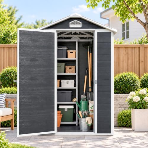 jt 6x4 ft resin storage shed, outdoor tool shown in use