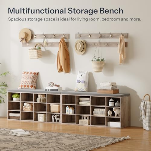 hoobro shoe storage bench with cushion, 39.4" l showing dimensions
