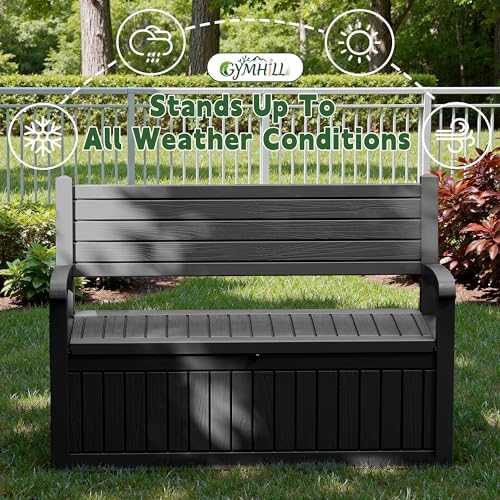 80 gallon outdoor storage bench,waterproof resin deck box shown in use