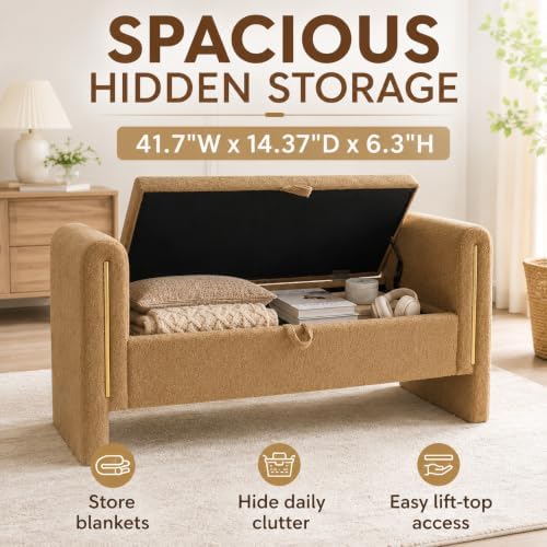 52" upholstered storage bench, brown, armrests, wood frame, front angle view