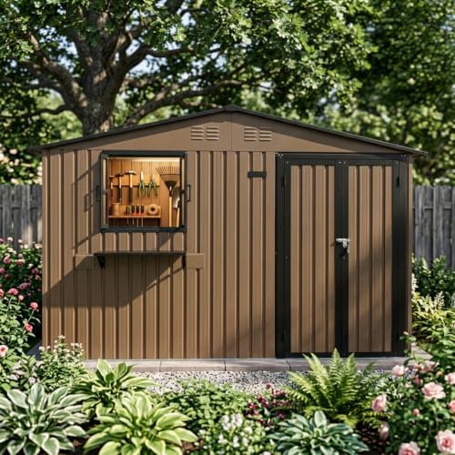 10x8 ft outdoor storage shed with 2 clear, front angle view