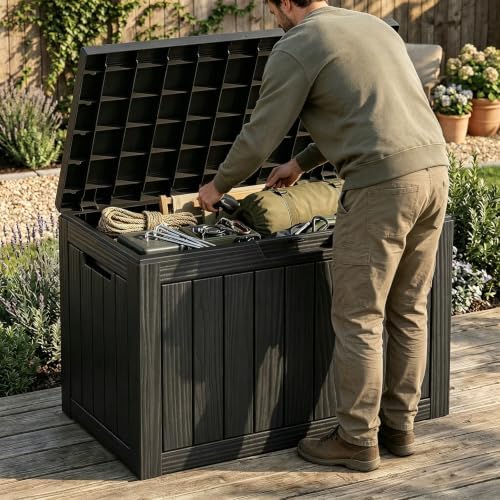 easyup 60 gal outdoor storage box waterproof lockable shown in use