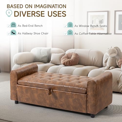 ottoman with storage, tufted storage bench for bedroom showing dimensions