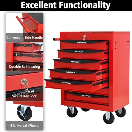 runboll 7 drawer rolling tool chest with locker, side view