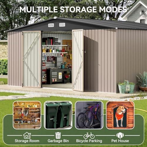 aoxun 14x12 ft outdoor storage shed, metal shed showing dimensions