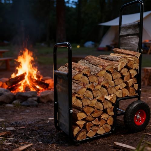 doublehorse firewood cart 27x20x44 in steel pneumatic wheels on a desk or shelf