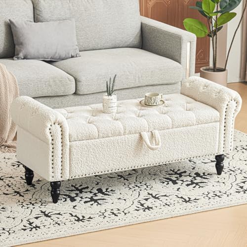 furniliving modern storage ottoman bench, sherpa ottoman end, front angle view