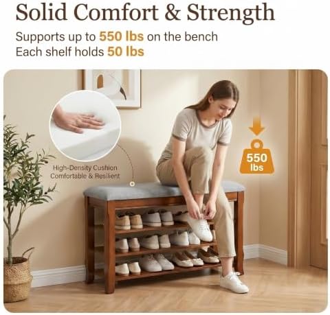 solid wood shoe rack bench with storage, flip-top, side view