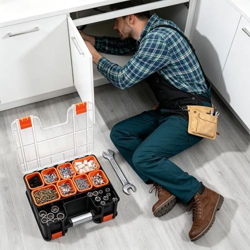 double side tool box, multi-function storage toolbox organizer, front angle view