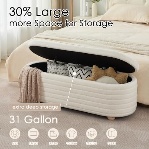 53" modern storage ottoman bench, white sherpa, close-up detail