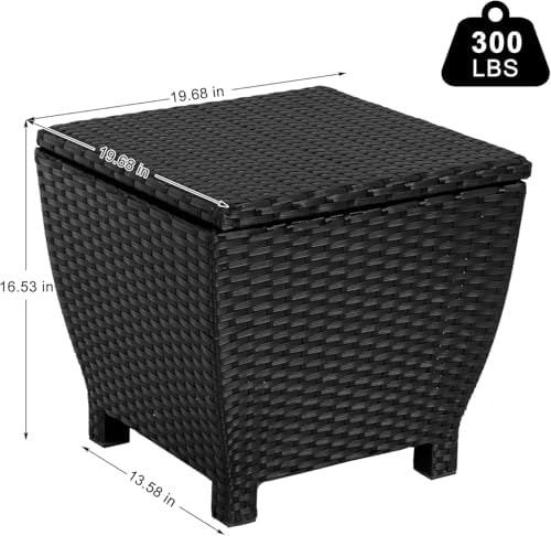 sundale black wicker storage box, 13 gallon outdoor shown in use