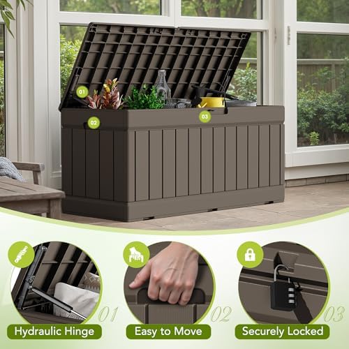 devoko 78 gallon deck box, waterproof resin outdoor shown in use