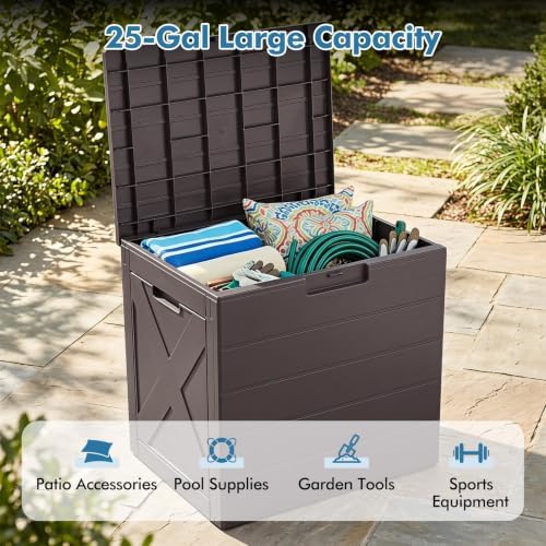 tangkula 25 gallon outdoor storage box with lockable, side view