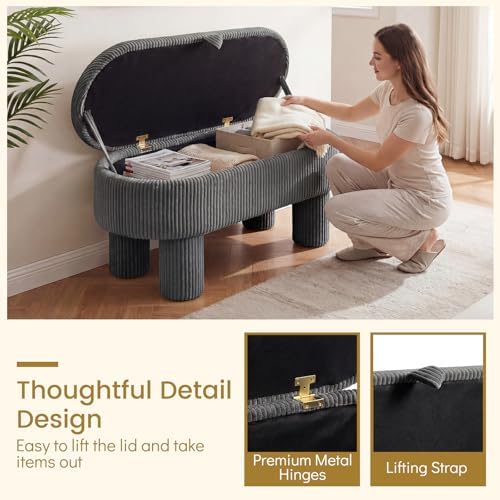 giantex 42'' storage ottoman bench, corduroy fabric upholstered showing dimensions