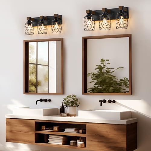 Farmhouse 3-Light Wood Bathroom Vanity Light, Black Metal Cage Shade | Mounted Over Mirror, Industrial Rustic Style, Ideal for Bathroom, Bedroom, Hallway & Living Room, Easy To Install
