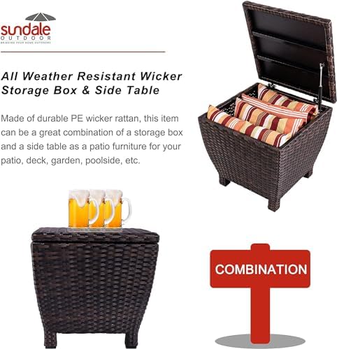 sundale brown wicker storage box, 13 gallon outdoor shown in use