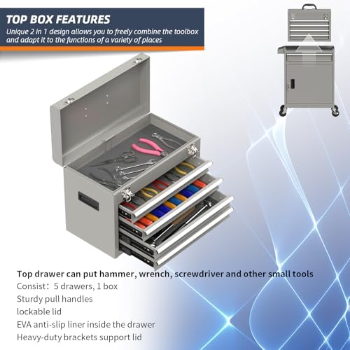 5-drawer high capacity rolling tool box, removable cabinet, side view