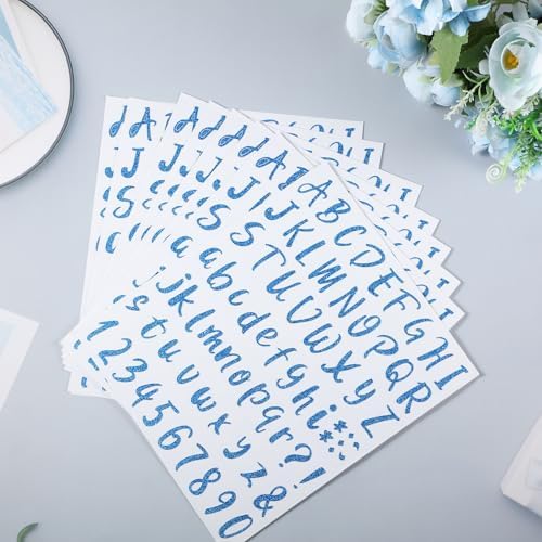 Outus 576 Pcs 8 Sheets Glitter Letters Stickers Vinyl Alphabet Number Decals Back to School Supplies for Water Bottles Cups Mailbox Scrapbooking Bulletin Board Classroom Decor(1 Inch,Sapphire Blue)