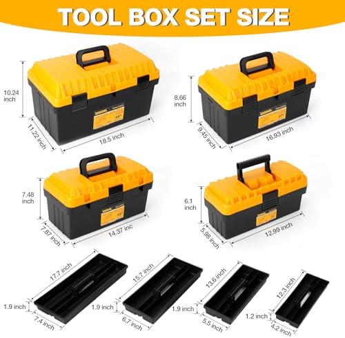 heavy duty plastic tool box set, stackable portable showing dimensions