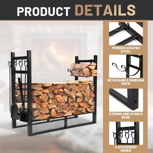 hecasa 33 inch firewood rack w/kindling holder include, side view