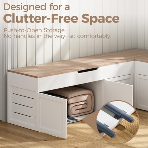 kikihouse l-shaped corner storage bench, backless wood bench showing dimensions