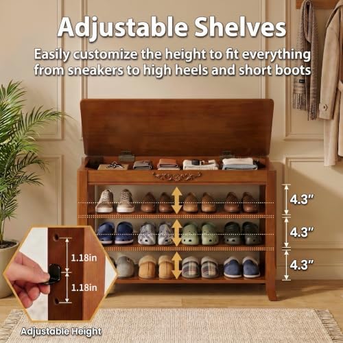 shoe rack bench with storage 3 tier solid showing dimensions