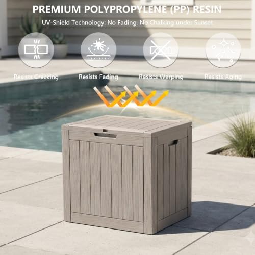 outdoor storage box, 35 gallon waterproof deck box showing dimensions