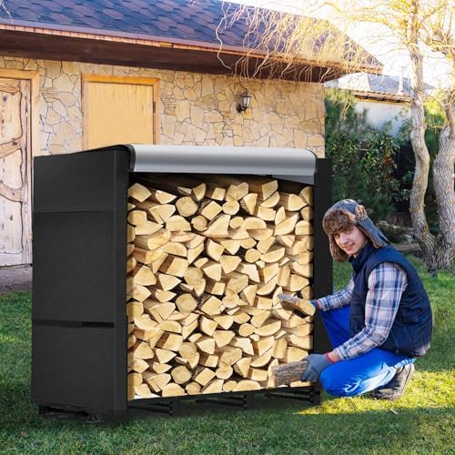 4ft firewood rack outdoor with waterproof widened cover showing dimensions