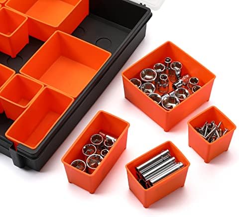 multi-purpose toolbox, professional organizer with 22 bin compartments, side view