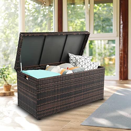 vingli outdoor wicker storage box, 132 gallon patio shown in use